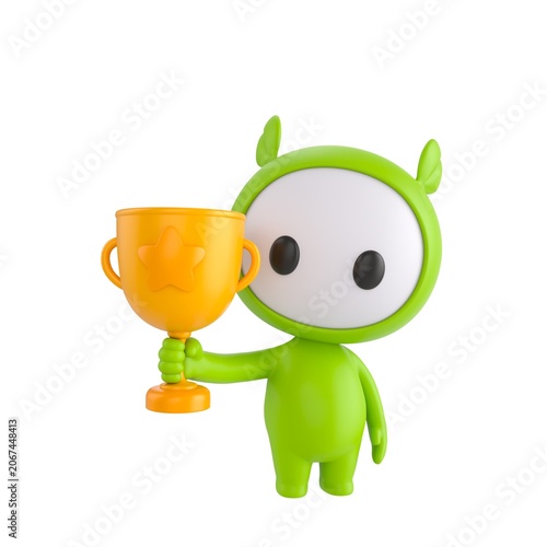 Cute 3D render Green Little Monster character standing and holding up a trophy, proud and celebratory pose, isolated on white background.