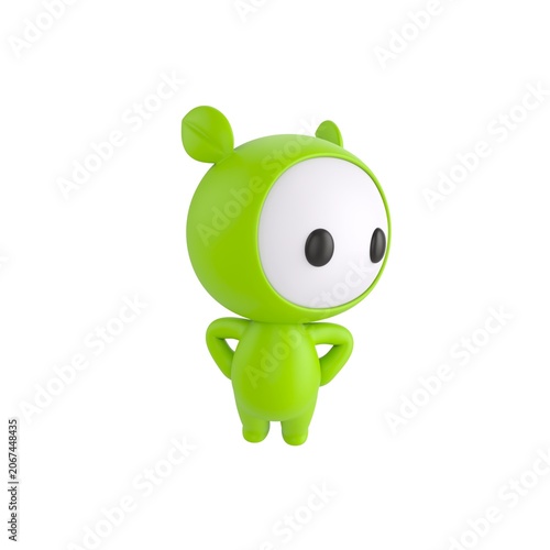 Cute 3D render Green Little Monster character standing with hands on hips, body facing forward while looking to the side, confident and thoughtful pose, isolated on white background.