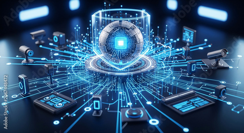 Futuristic illustration of a glowing blue eye surrounded by connected devices and lines on a dark background with a technological feel.