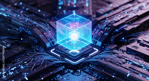 Glowing blue cube rises from a circuit board with wires and microchips in a dark futuristic setting with neon-like illumination.