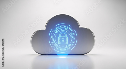 Cloud storage icon with glowing blue padlock and circular lines on a white background with a subtle gradient effect.