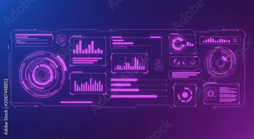 Neon-lit graphic design of a futuristic control panel with various buttons and graphs on a purple and blue gradient background.