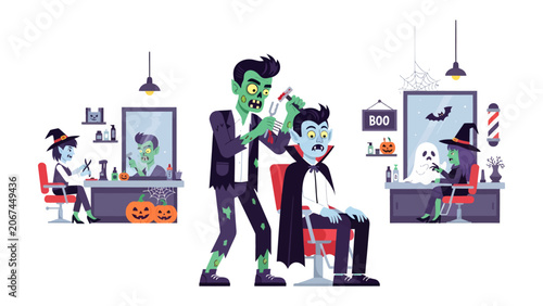 Photos Spooky Salon Scene: A zombie barber gives a vampire a haircut in a haunted salon, with witch clients getting their hair done in the background, creating a whimsical Halloween atmosphere