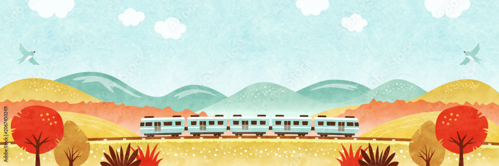 Fototapeta premium 電車と紅葉した秋の風景 秋晴れの青空と自然の水彩のバナー背景