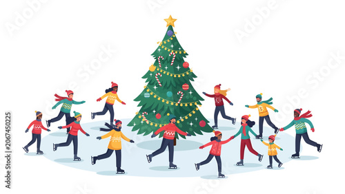 Принти на полотні Christmas Ice Skating Celebration: A heartwarming scene unfolds as a group of diverse people joyfully ice skate around a beautifully decorated Christmas tree