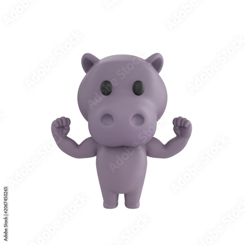 Slika na platnu Cute 3D render Hippopotamus character flexing muscles to show strength, confident and powerful mascot style, isolated on white background