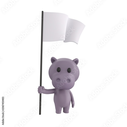 Photography Cute 3D render Hippopotamus character standing and holding a white flag, neutral and symbolic pose, isolated on white background