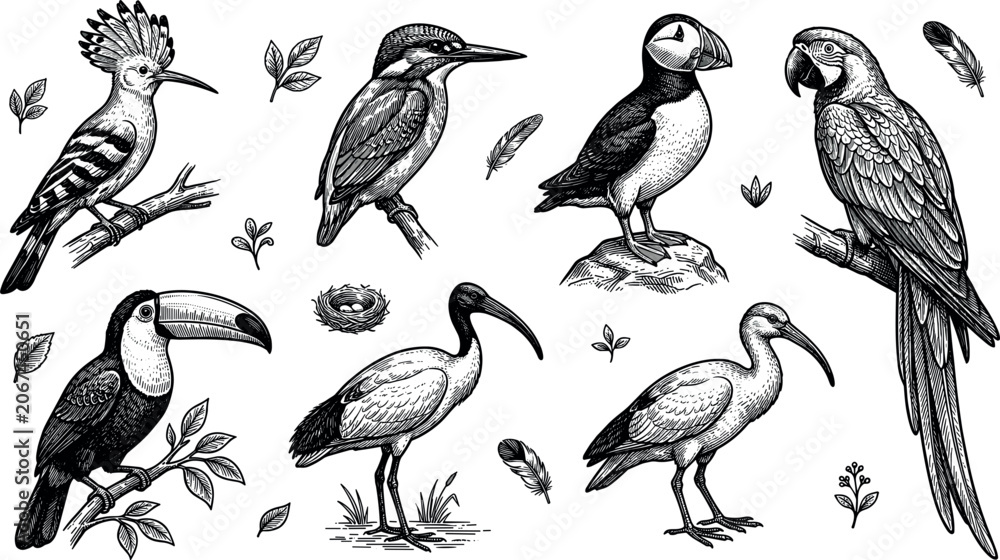 Obraz premium Vintage sketch birds vector illustration set with macaw toucan puffin kingfisher hoopoe and ibis hand drawn engraving isolated on white background