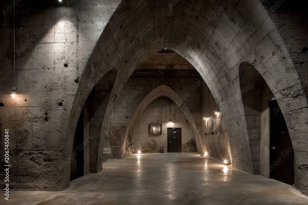 Obraz premium Underground tunnel with arched ceilings and dim lighting in a concrete structure