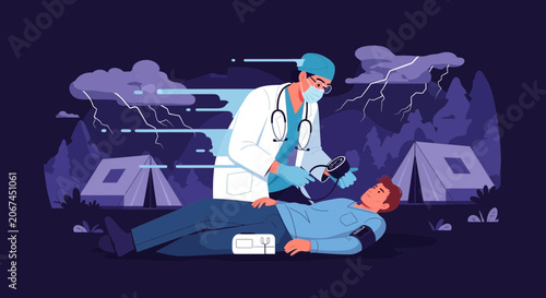 Medical Professional Checking Patient Vital Signs During a Stormy Outdoor Emergency Scene