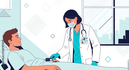 Medical Professional Checking Patient Vital Signs in Bright, Modern Illustrated Hospital Setting