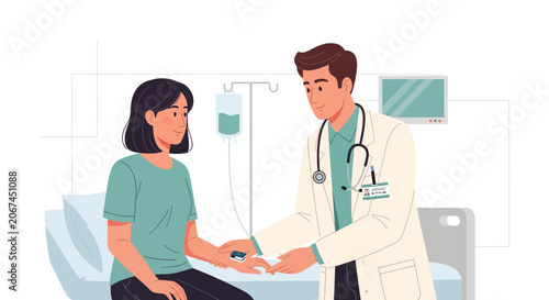 Medical Professional Checking Patient Vital Signs in Hospital Room Illustration