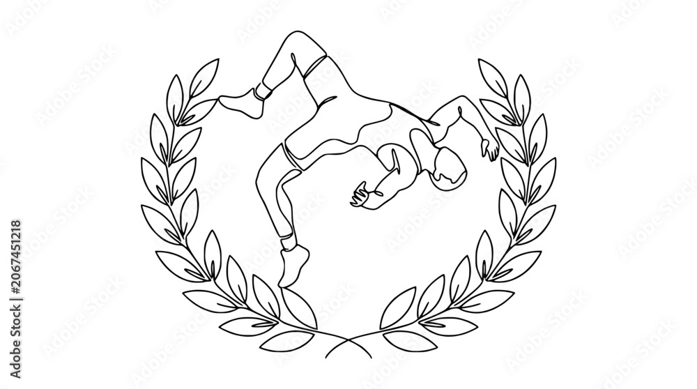 Fototapeta premium Wrestler Silhouette in Laurel Wreath - Continuous Line Art