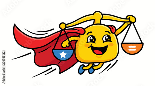 Cartoon Superhero Mascot Flying with Scale of Justice for Law and Equality