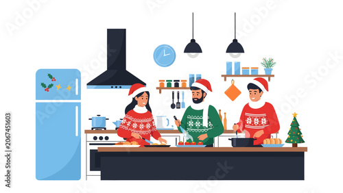 Photos Christmas Kitchen Chaos: Three people wearing festive Christmas sweaters and Santa hats prepare a holiday meal together in a cozy kitchen, embodying the spirit of togetherness and festive cheer