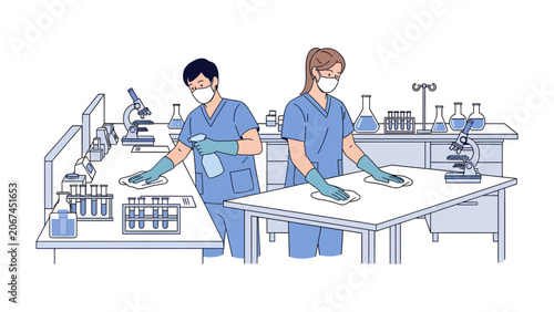 Quadro su tela Lab Sanitization Protocol: Two medical researchers in protective gear meticulously clean and disinfect laboratory surfaces, ensuring a sterile environment for scientific research