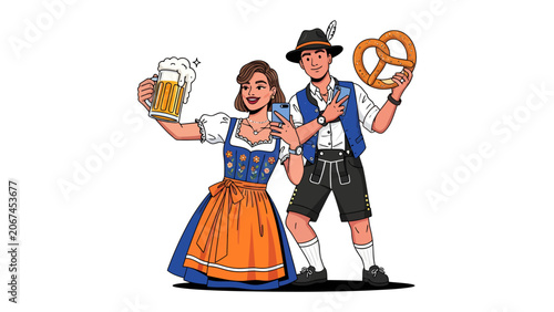 Fotografie Oktoberfest Couple with Beer and Pretzel: A jovial man and woman in traditional Bavarian attire, holding a frothy beer mug and a pretzel