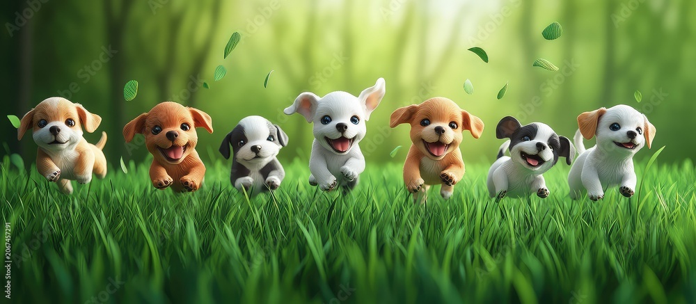 Naklejka premium Group of Happy Puppies Running Through Green Grass