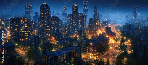 Breathtaking Night Cityscape with Glowing Skyscrapers and Urban Lights