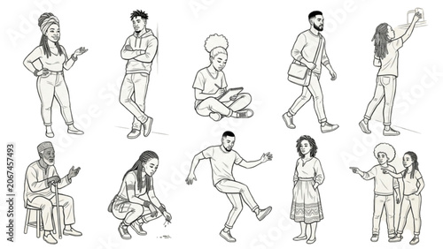 African Heritage Human Figures One Line Drawing Vector Pack | Diverse Architectural Entourage Collection