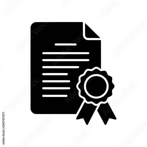 Certificate icon featuring an official document with a ribbon seal. Clean black and white vector design ideal for education, certification programs, achievements, awards, and professional recognition.