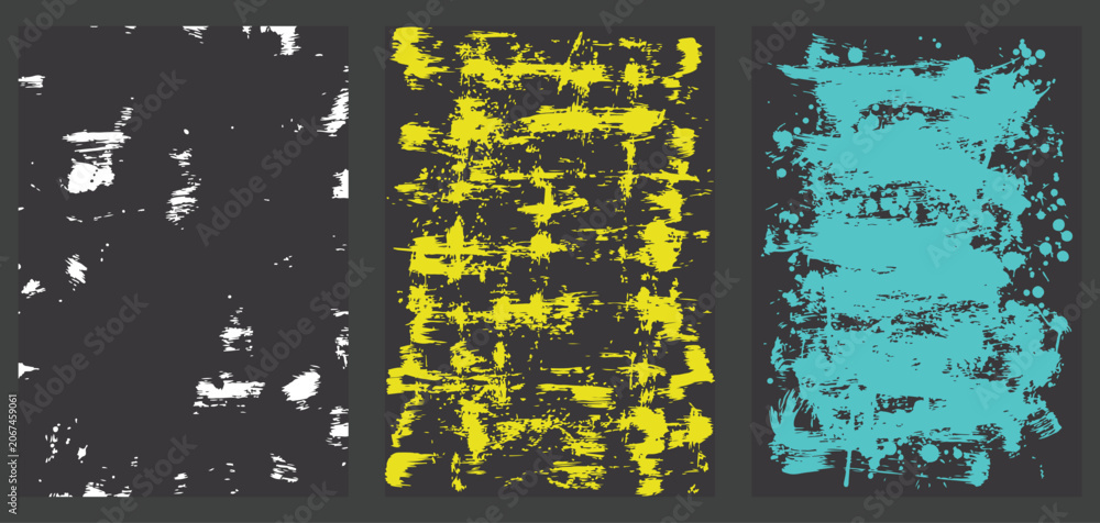 Fototapeta premium A triptych of abstract flat vector illustrations showcasing dynamic brushstroke patterns in grayscale, yellow, and cyan hues on black backgrounds.