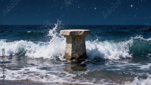 Stone pillar in ocean waves under starry sky