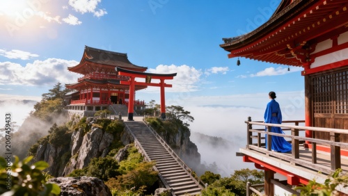 Woman in blue robe at traditional temple on mountain