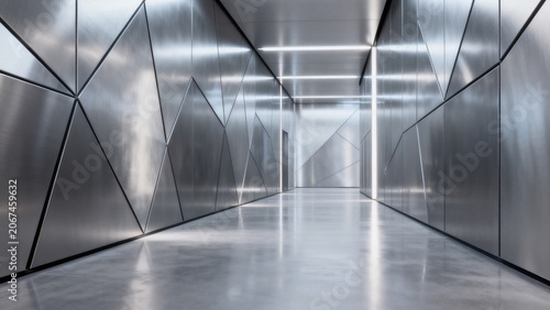 Modern metallic corridor with geometric walls