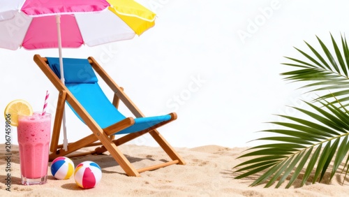 Beach chair umbrella and drink on sand