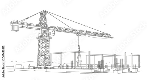 Construction crane lifting building structure outline illustration