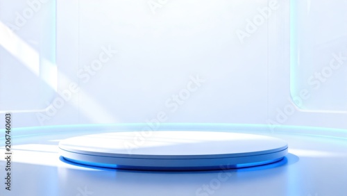 Minimalist white circular platform in blue light