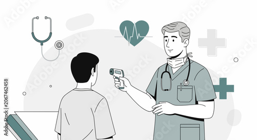 Medical Professional Checking Temperature of Patient, Healthcare Illustration for Wellness
