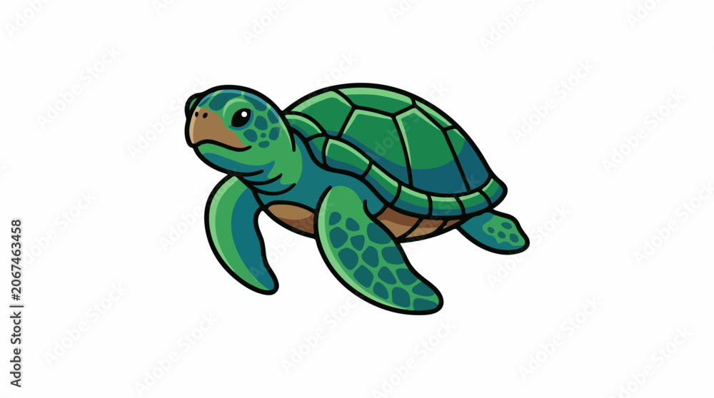 Fototapeta premium A cartoon sea turtle with green and blue shell and fins