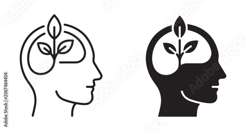 Tableau sur toile Black and white line art human heads with plants growing inside brains Vector, i