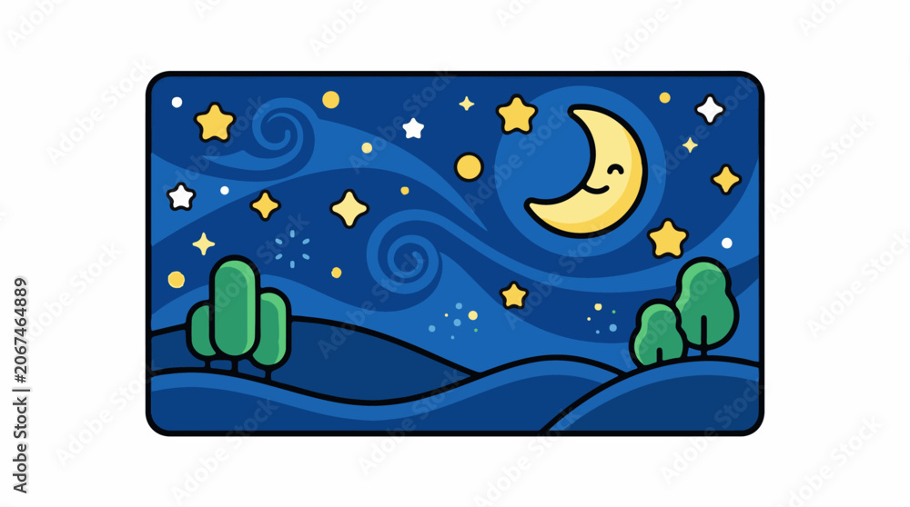 Fototapeta premium A whimsical nighttime scene with a smiling crescent moon and stars
