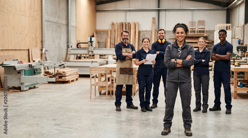Obraz premium Diverse furniture manufacturing team standing in modern woodworking factory, led by female production supervisor, with carpenters, designers, and factory staff in production environment.