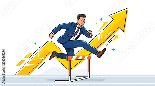 Business professional jumping over hurdle with rising growth arrow in modern flat vector for career coaching services