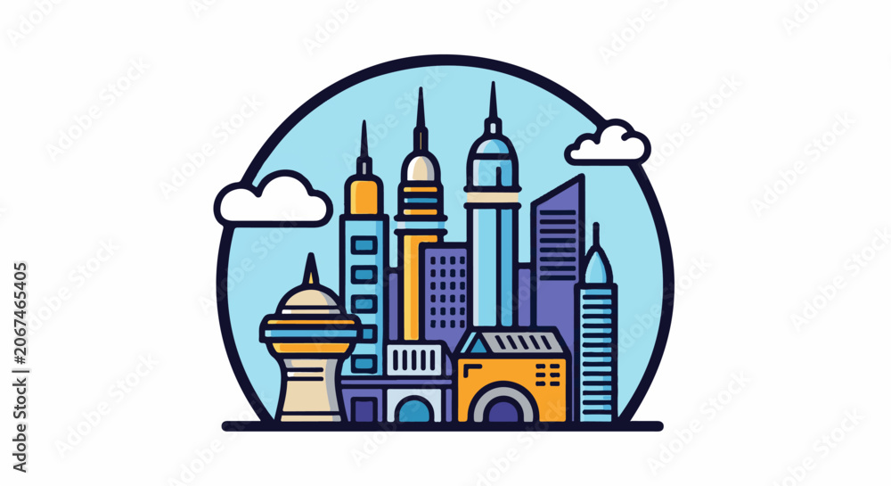 Fototapeta premium Colorful cityscape with skyscrapers and clouds in a circular frame