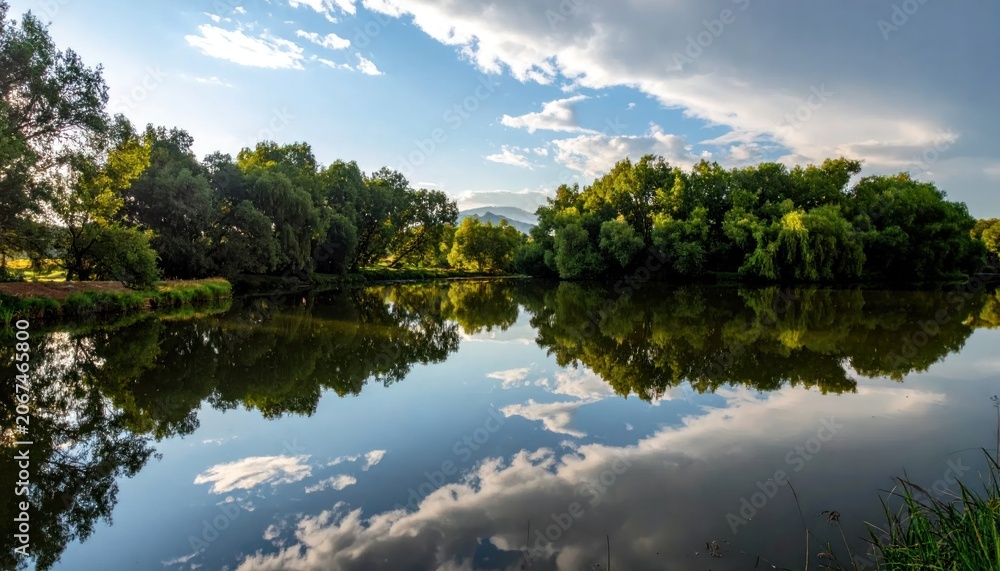 Fototapeta premium Calm water reflects trees & sky with clouds, mountains in background, peaceful natural scene