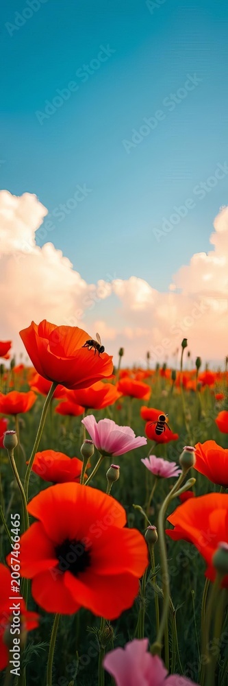 Obraz premium Vibrant poppy field with bees and clouds in blue sky, Clouds, ||Wildflowers