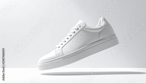 A white sneaker floats on a white surface with a plain background