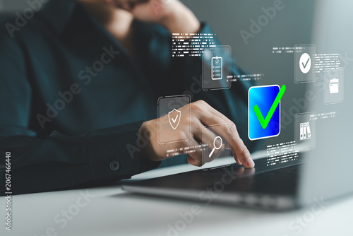 Digital compliance and quality assurance management with document verification, audit process, risk assessment, regulatory compliance, data security, certification approval, and governance control.