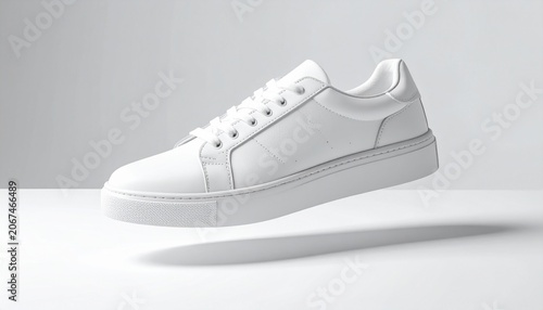 A white sneaker is shown on a clean white surface,  with  in a well lit white lit studio.