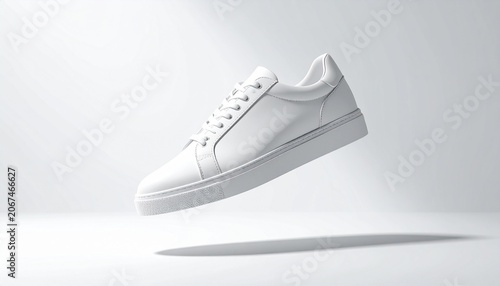 A white sneaker floats in mid-air on a clean surface with a subtle shadow.