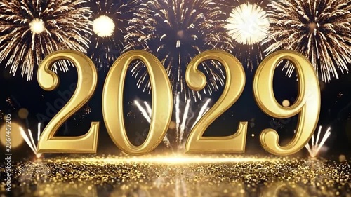 Happy New Year 2029 golden numbers with fireworks celebration background. Festive holiday greeting, midnight party countdown, and luxury gold glitter bokeh concept.