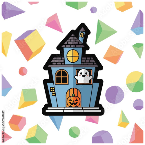 Halloween house with ghost and pumpkin.