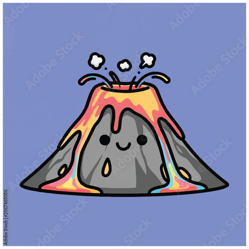 Smiling cartoon volcano with lava flow.