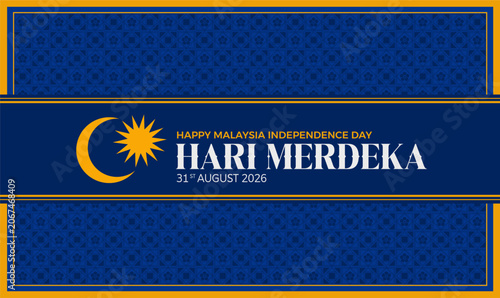 Luxury Malaysia Hari Merdeka 2026 banner featuring Bunga Raya Batik Pattern in patriotic blue yellow color. Malaysia national identity vector illustrartion.