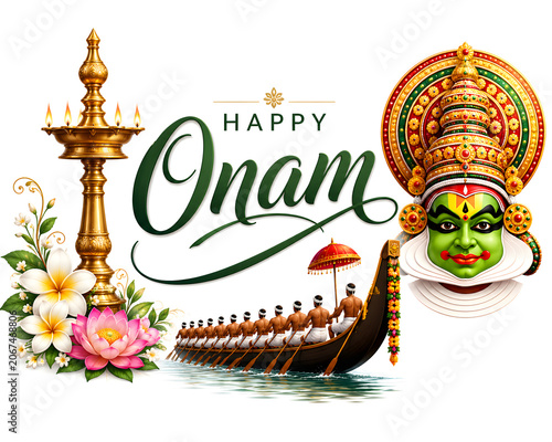 Happy onam typography logo concept on background.